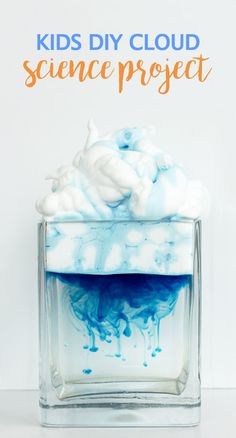 a blue and white liquid in a glass container with the words kids diy cloud science project