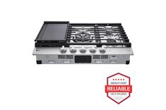 a gas stove with the words reliable on it's front and back burners