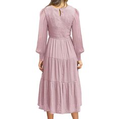 Pink Pleated Long Sleeve Swing Dress Long Sleeve Solid Color Midi Dress For Brunch, Pink Long Sleeve Peasant Dress, Pink Long Sleeve Non-stretch Maxi Dress, Pink Long Sleeve Maternity Maxi Dress, Pink Non-stretch Long Sleeve Maxi Dress, Pink V-neck Midi Dress With Gathered Sleeves, Swing Dress, Midi Dress, Womens Dresses