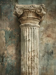 an old column against a wall with peeling paint