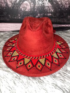 Handmade Red Party Hat, Red Brimmed Costume Hat For Festival, Red Brimmed Costume Hats And Headpieces For Festivals, Red Brimmed Festival Costume Hat, Red Brimmed Festival Costume Hats And Headpieces, Red Bohemian Wide Brim Felt Hat, Handmade Fedora With Short Brim As Gift, Handmade Multicolor Southwestern Hats, Handmade Short Brim Fedora As Gift