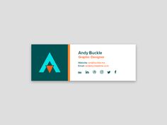 an orange and green business card with the letter a on it, in front of a gray background