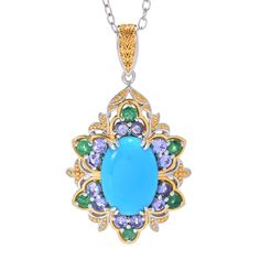 Step into the spotlight with this magnificent 1.29 carat Gems en Vogue pendant with chain. The beautiful color, sparkle and style are sure to turn heads. You'll love all the compliments! Taking center stage is a 14x10mm oval Sleeping Beauty turquoise cabochon. It's surrounded by a dazzling array of tanzanite and emerald gemstones. The piece is crafted in a sterling silver and palladium alloy with 18K yellow gold plated accents. The 18" cable link chain has a 2" extender to complement your neckli Rose Gold Band Ring, Solitaire Rings, Emerald Pendant, Pendant With Chain, Rose Gold Band, Sleeping Beauty Turquoise, Gold Band Ring, Emerald Gemstone, Center Stage