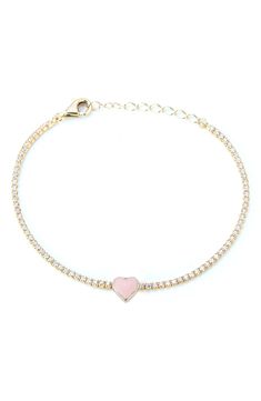 Prong set cubic zirconias outline a heart charm bracelet with a lobster clasp closure for a refined, en vogue style. 0.40" length Lobster clasp closure Gold vermeil plated sterling silver, cubic zirconia Imported Affordable Pink Heart Bracelet, Valentine's Day Bracelet With Heart Charm And Cubic Zirconia, Valentine's Day Bracelets With Heart Charm And Cubic Zirconia, Valentine's Day Heart Shaped Cubic Zirconia Tennis Bracelet, Fine Pink Gold Heart-shaped Jewelry, Valentine's Day Heart Charm Bracelet With Cubic Zirconia, Valentine's Day Heart Charm Bracelet In Cubic Zirconia, Dainty Heart-shaped Yellow Gold Charm Bracelet, Heart-shaped Cubic Zirconia Tennis Bracelet For Valentine's Day