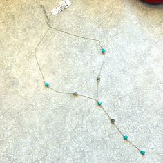 Never Worn Lariat Style Turquoise Beaded Silver Necklace. Adjustable Silver Chain. Adjustable Turquoise Lariat Necklace, Adjustable Turquoise Elegant Lariat Necklace, Adjustable Beaded Lariat Turquoise Necklace, Adjustable Beaded Turquoise Lariat Necklace, Turquoise Lariat Beaded Necklaces, Elegant Adjustable Lariat Turquoise Necklace, Turquoise Lariat Necklace With Natural Stones, Turquoise Beaded Dangle Lariat Necklace, Elegant Adjustable Turquoise Lariat Necklace