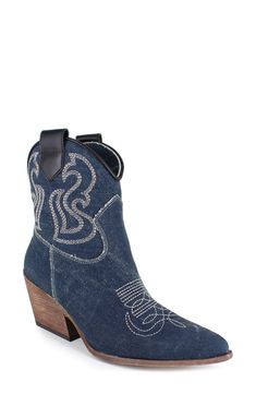 Decorative stitching and side pull-tabs lend Western-inspired elements to a trend-savvy bootie balanced by a pointy toe and block heel. 2 1/2" heel 5 1/2" shaft Leather or textile upper/leather lining and sole Made in Italy Western Denim Boots With Round Toe, Western Denim Boots, Western Denim Blue Boots For Fall, Denim Blue Western Boots For Fall, Western Style Denim Blue Boots For Fall, Western Boots With Round Toe In Denim Blue, Denim Blue Western Boots With Round Toe, Western Style Denim Blue Boots With Round Toe, Denim Round Toe Boots For Fall