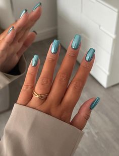 Turquoise Nail Designs, Teal Nails, Turquoise Nails, Nail Acrylic, Chrome Nails Designs, Blue Chrome, Mirror Metal, Nails Press, Nails Medium