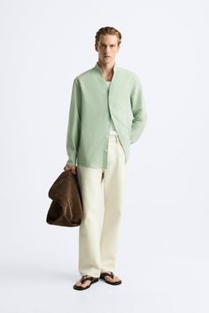 COTTON - LINEN BLEND SHIRT - Lime green | ZARA United States Cotton Shirt With Stand Collar And Button Cuffs, Spring Button-up Shirt For Layering, Casual Spring Shirt With Stand Collar, Spring Shirt With Button Cuffs And Stand Collar, Spring Shirt With Stand Collar And Button Cuffs, Linen Shirt With Concealed Placket For Workwear, Workwear Linen Shirt With Concealed Placket, Layering Cotton Tops With Placket, Spring Daywear Tops With Stand Collar