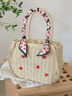 Bag For Love - Heart & Twilly Scarf Decor Drawstring Design Straw Bag - Women Tote Bags Product Description Style Vacation Color Beige Quantity 1 piece Strap Type Double Handle Pattern Type Heart Bag Size Medium Details Appliques Type Straw Bag Material Paper Size Chart INCH CM Size Bag Width Bag Height Bag Length one-size 4.3 7.9 11 Size Bag Width Bag Height Bag Length one-size 11 20 28 Similar Products h2 { text-align: center; } .red-box { width: 100%; display: flex; flex-direction: row; flex- Scarf Decor, Paper Sizes Chart, Twilly Scarf, Small Shoulder Bags, Heart Bag, Twilly, Black And White Canvas, Mini Handbags, Casual Tote