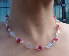 "Beautiful necklace for the summer with red and transparent/clear cube beads  Materials used: clear/transparent cube beads which shine in all rainbow colors depending on the exposure to light acrylic cubes with silverfoil rhombus beads silverfoil beads  nylon-coated steel wire carabinerclosure nickel-free  Length approx.18\" ( 46cm) with an extension chain approx. 2,5\" (6 cm)" Cube Necklace, Crocheting Ideas, Spike Necklace, Cube Beads, Necklace Design, Beaded Material, Design Jewelry, Necklace Handmade, Rainbow Colors