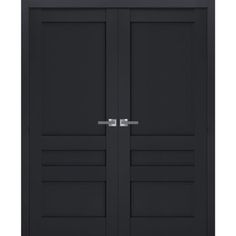 an image of two black doors with metal handles on each side and one door open