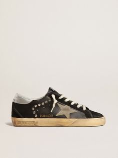 Women’s Super-Star in black leather and suede with silver studs | Golden Goose Golden Goose Men, Shoes Golden Goose, Golden Family, Dream Future, Goose Sneakers, Black Herringbone, Goose Shoes, Stockholm Style, Golden Goose Sneakers