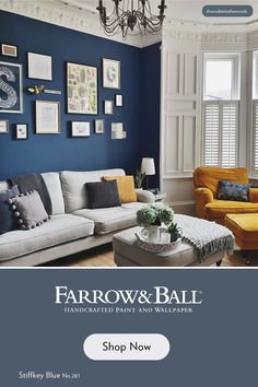 a living room with blue walls and yellow furniture in the center is an advertisement for farrow & ball's handcrafted paint and wallpaper