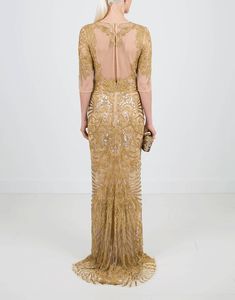 NAEEM KHAN CLOTHINGDRESSGOWN GOLD / 6 Illusion Neckline Embroidered Gown Fitted Luxury Gold Gown, Gold Fitted Luxury Gown, Luxury Fitted Gold Gown, Luxury Gold Dress With Sweep Train, Gold Floor-length Gown With Intricate Embroidery, Luxury Gold Wedding Gown, Festive Embellished Champagne Gown, Luxury Gold Gown With Sequins, Luxury Gold Sequin Gown