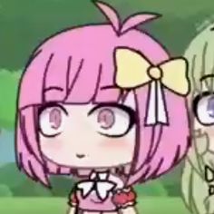 two cartoon characters one with pink hair and the other wearing green eyes, standing next to each other