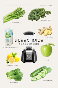 the ingredients for green juice are shown in this graphic style, including cucumbers, lemons, and broccoli