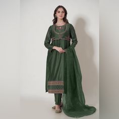 Zeen Brand 3pc Dress Size 12 Festive Traditional Fitted Midi Dress, Silk A-line Maxi Dress For Festive Occasions, Fitted Long Sleeve Green Lawn Suit, Green Silk Salwar Kameez For Formal Occasions, Festive Green Silk Maxi Dress, Traditional Long Sleeve Festive Midi Dress, Elegant Summer Silk Lawn Suit, Elegant Straight Maxi Dress For Eid, Green Anarkali Dress With Long Sleeves