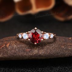 Unique Round Garnet Engagement Ring Set Vintage Moonstone - Etsy Elegant Three Stone Gemstones For Wedding, Elegant Red Three Stone Birthstone Ring, Fine Jewelry Three Stone Wedding Gemstones, Elegant Red Three-stone Birthstone Ring, Lab-created Ruby Round Cut Wedding Ring, Lab-created Ruby Wedding Ring With Round Cut, Lab-created Ruby Round Cut Ring For Wedding, Wedding Lab-created Ruby Round Cut Ring, Red Ruby Three Stone Wedding Ring