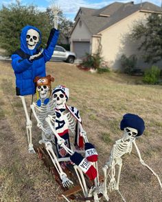 three skeletons are sitting on a sled in the yard, one is wearing a blue jacket