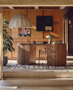 a kitchen with wooden cabinets and an island in front of a potted plant on the floor