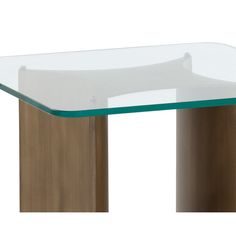 a glass and wood table with a brown base