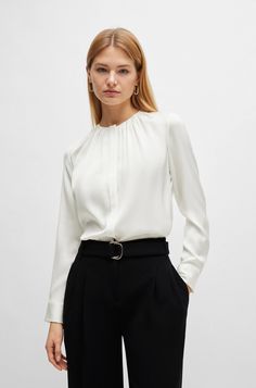 BOSS - Ruched-neck blouse in stretch-silk crepe de Chine Chic Stretch Blouse For Work, Classic Formal Stretch Tops, Elegant Solid Color Tops For Daywear, Elegant Solid Tops For Daywear, Formal Stretch Blouse, Solid Stretch Blouse For Formal Wear, Elegant Fitted Blouse For Formal Events, Elegant Fitted Top Blouse For Formal Occasions, Stretch Blouse For Formal Occasions