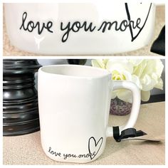 two coffee mugs with the words love you more and i love you more written on them