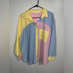 100% Cotton Made In India Multicolor Oversized Button-up Shirt, Oversized Multicolor Button-up Shirt, Blue Color Block Button-up Shirt, Spring Color Block Button-up Shirt, Spring Color Block Collared Shirt, Multicolor Cotton Shirt For Day Out, Oversized Yellow Collared Tops, Trendy Yellow Collared Shirt, Yellow Relaxed Fit Blouse With Buttons