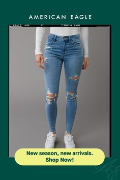 Next Level Stretch/Our softest, stretchiest, never-loses-its-shape denim/Won't bag out. Ever./Medium wash/Ripped Casual Fitted Distressed Jeggings, Casual Distressed Fitted Jeggings, Casual High Rise Distressed Jeggings, Trendy Ripped Bottoms For Everyday Wear, Everyday High Waist Ripped Bottoms, Distressed Stretch Bottoms For Everyday, Ripped Stretch Jeggings For Fall, Everyday Stretch Distressed Bottoms, Stretch Distressed Bottoms For Everyday