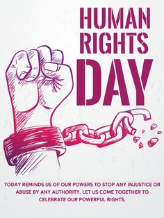 a poster with the words human rights day written in purple ink on a white background