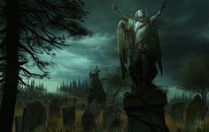 a creepy cemetery scene with an angel statue in the foreground and dark clouds overhead