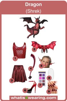 some different types of clothes and shoes with the words dragon shrek on them