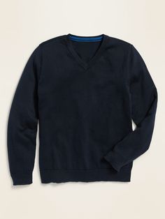 "Online exclusive! Rib-knit V-neck.  Long sleeves, with rib-knit cuffs.  Rib-knit hem.  Soft, medium-weight 100% cotton yarn.  Relaxed fit through body.  Boys uniform V-neck sweater hits below waist.  cotton 100%" Casual Navy V-neck Sweater For Fall, Navy Casual V-neck Sweater For Fall, Black Cotton V-neck Sweater, Cotton V-neck Sweater, Long Sleeve Cotton V-neck Sweater, Blue V-neck Tops With Ribbed Cuffs, Relaxed Fit Cotton V-neck Sweater, Casual Cotton V-neck Sweater With Relaxed Fit, Solid V-neck Sweater With Ribbed Cuffs