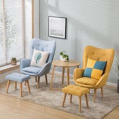 three chairs and a stool in a living room