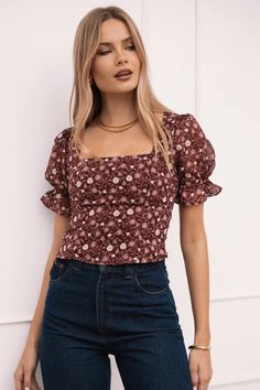 Lucie Top - Burgundy Multi - Petal & Pup USA Trendy Puff Sleeve Top With Square Neck, Fitted Floral Print Puff Sleeve Top, Fitted Floral Print Blouse With Square Neck, Summer Floral Print Crop Top With Square Neck, Fitted Floral Print Cropped Blouse, Fitted Cropped Blouse With Floral Print, Trendy Fitted Cropped Puff Sleeve Top, Chic Puff Sleeve Top With Floral Print, Spring Puff Sleeve Top With Square Neck