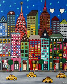 a painting of a cityscape with yellow cabs in the foreground and hearts flying above