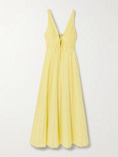 The pastel-yellow shade of Simkhai's 'Stephanie' dress is bound to bring joy. It's made from cotton-blend poplin with pleating to create a fitted bodice and fullness through the skirt. The front ties beautifully define the décolletage. Yellow Midi Dress, Yellow Outfit, Cotton Midi Dress, Embellished Dress, Dressy Casual, Minimal Fashion, Yellow Dress, Daily Outfits, Pretty Dresses