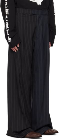 Stretch wool delaine trousers. Pinstripe pattern throughout. · Paneled construction · Belt loops · Drawstring at elasticized waistband · Four-pocket styling · Zip-fly · Crease at legs Supplier color: Black/navy Pinstripe Trousers, Pinstripe Pattern, Pleated Fabric, Black And Navy, Mens Pants, Trousers, Wool, Navy, Pants