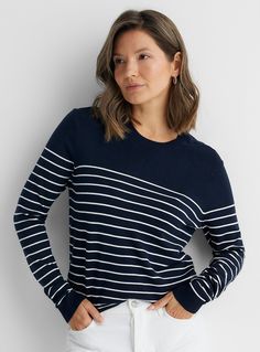 Contemporaine - Light knit striped sweater Contemporaine Contemporaine exclusive. The ever-popular horizontal stripes on a comfy and fine knit Soft and lightweight LENZING™ ECOVERO™ Viscose knit. Regular fit with a crew neck and long sleeves. Ribbed edging The size of the item pictured is small | Women's Light Knit Striped Sweater in Marine Blue, Size Small Blue Sweater Outfit, Knit Striped Sweater, Royal Blue Sweater, Light Knit, Marine Blue, Horizontal Stripes, Striped Sweater, Modern Fashion