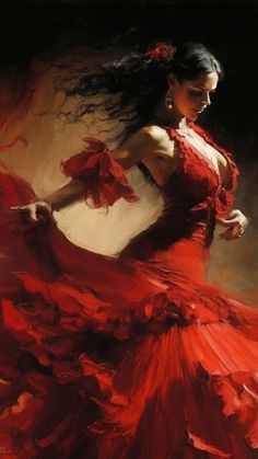 a painting of a woman in a red dress with her hair blowing in the wind