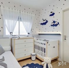 a baby's room is decorated in blue and white with stars on the wall