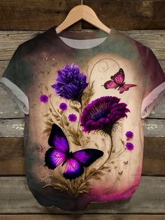 Purple Vintage Butterfly Floral Crew Neck T-shirt Purple Vintage, Embroidered Denim Jacket, Womens Floral Dress, Embroidered Denim, Vintage Butterfly, Casual Party, Ladies Fashion, The Clothes, Height And Weight