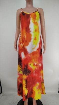 Tie Dye Print Spaghetti Strap Loose Maxi Dresses Casual Multicolor Spaghetti Strap Maxi Dress, Casual Multicolor Maxi Dress With Spaghetti Straps, Orange Spaghetti Straps Maxi Dress For Summer, Casual Orange Halter Neck Maxi Dress, Orange Spaghetti Strap Summer Maxi Dress, Casual Orange Dress With Spaghetti Straps, Summer Maxi Dresses, Loose Maxi Dress, Summer Maxi