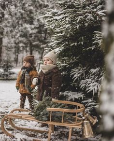 two children standing next to a sleigh in the snow