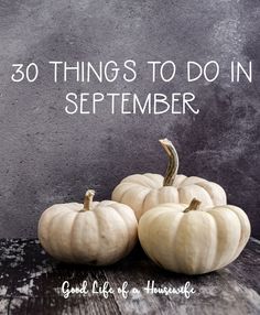 three white pumpkins with the words 30 things to do in november on it and an image of two small ones