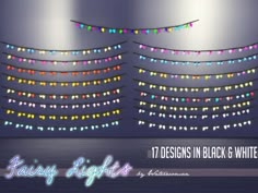 an image of colorful lights in the dark and white room with text that reads, 17 designs in black & white