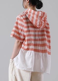 Handmade Yellow Striped hooded Cotton Linen Summer Shirts - SooLinen Spring Hoodie Top With Pockets, Hoodie With Pockets For Spring, White Drawstring Hood Top For Summer, White Drawstring Hooded Top For Summer, White Hooded Tops For Summer, White Summer Top With Drawstring Hood, White Summer Hoodie Top, Spring Tops With Drawstring Hood And Relaxed Fit, White Hoodie For Summer