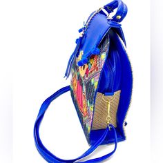 This Beautiful Stylish Bag Can Be Use As Cross Body And Handbag The Vibrant Colors Will Make Any Outfit Look Fresh And Stylish Made By Chiapanecas Artisians From Zinacatn Luxury Satchel Purse With Strap 34” Long Adjustable To 17” Minimum 9” Length 10” 1/2 High 4” Wide Blue Shoulder Bag For Mobile Phone On-the-go, Trendy Blue Backpack Shoulder Bag, Blue Summer Bags With Zipper Closure, Blue Shoulder Bag With Cell Phone Pocket For On-the-go, Summer Blue Bags With Zipper Closure, Summer Blue Shoulder Bag With Zipper Pocket, Blue Shoulder Bag With Zipper Pocket For Summer, Casual Blue Satchel With Zipper Closure, Blue Casual Satchel For Summer