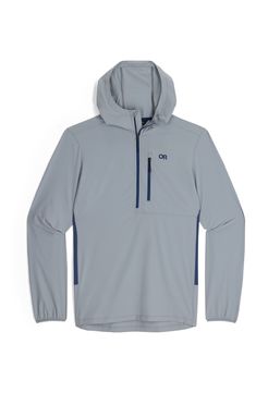 the front of a gray and blue hooded sweatshirt with an embroidered logo on the chest