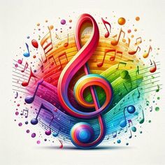 colorful music notes with musical symbols in the background